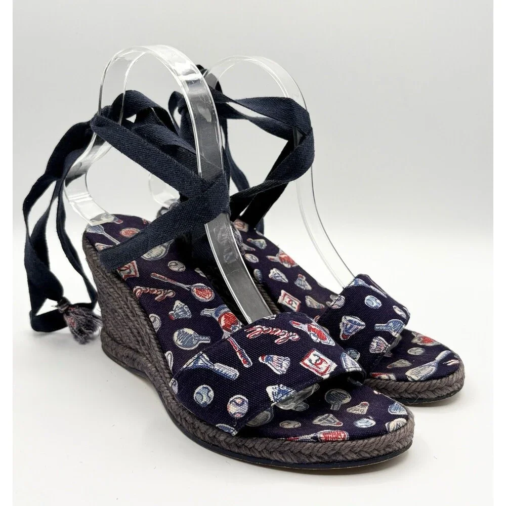 Chanel Badminton/Tennis Theme Navy Blue Espadrille Wedge Sandals Vintage EU 35